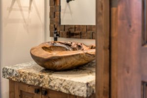 Harrison Residence #1 Rustic wooden sink on marble countertop