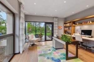 Modern home office with garden view.