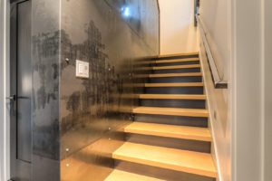 Modern wooden staircase interior design.