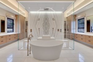Luxury modern bathroom with freestanding tub.