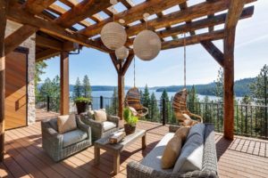 Scenic lakeview from cozy outdoor patio deck