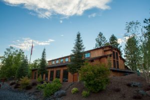 Rustic wooden cabin with trees under blue sky