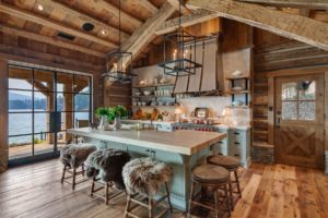 Rustic kitchen with lake view and wood accents