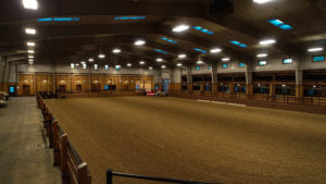 Indoor horse riding arena with sand flooring.