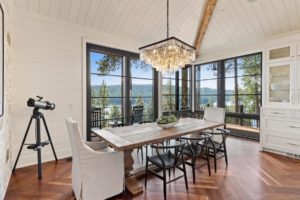 Modern dining room with lake view.