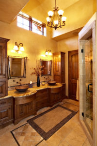 Elegant rustic bathroom with double sinks.