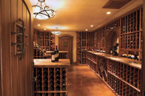 Luxurious wine cellar with wooden racks.