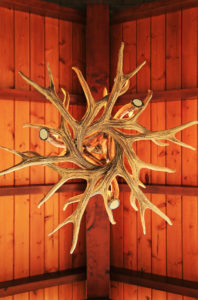 Rustic antler chandelier on wooden ceiling