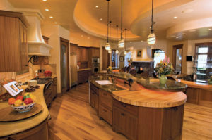 Luxury wooden kitchen with island and pendant lights