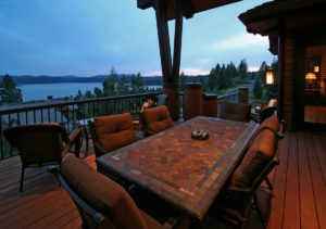 Elegant lakeview patio at sunset