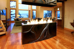 Modern living room with unique fireplace design.