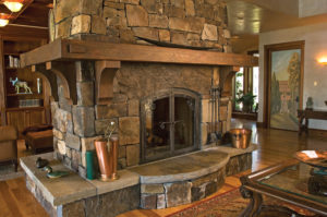 Cozy stone fireplace with rustic decor