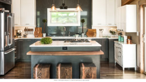 HGTV Blog Cabin 2015 Modern kitchen with island and stylish lighting.
