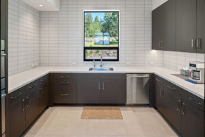 Black Rock Residence #6 Modern kitchen with dark cabinets and bright window view.