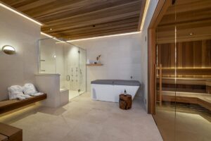 Black Rock Residence #7 Private spa suite with a red cedar dry sauna, freestanding tub and glass-enclosed shower